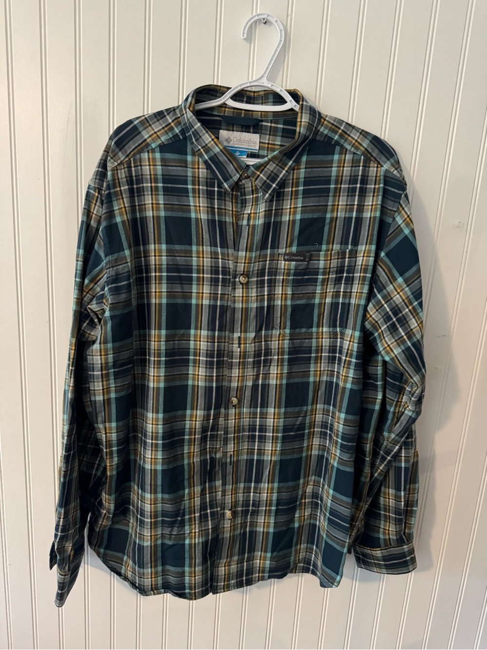 Columbia Men’s Teal, Navy and Yellow Plaid Button-Down Shirt